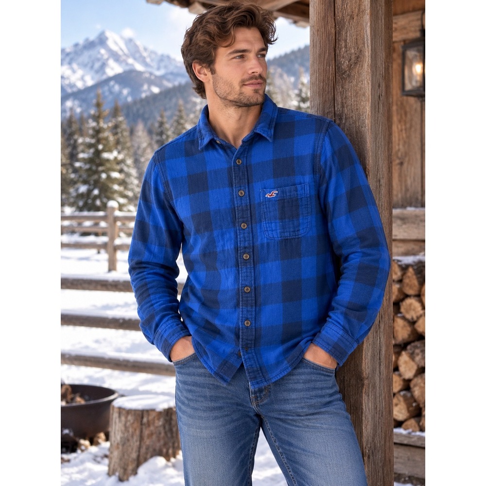 Hollister Mens Blue Buffalo Plaid Button Down Flannel Shirt Long Sleeve XL